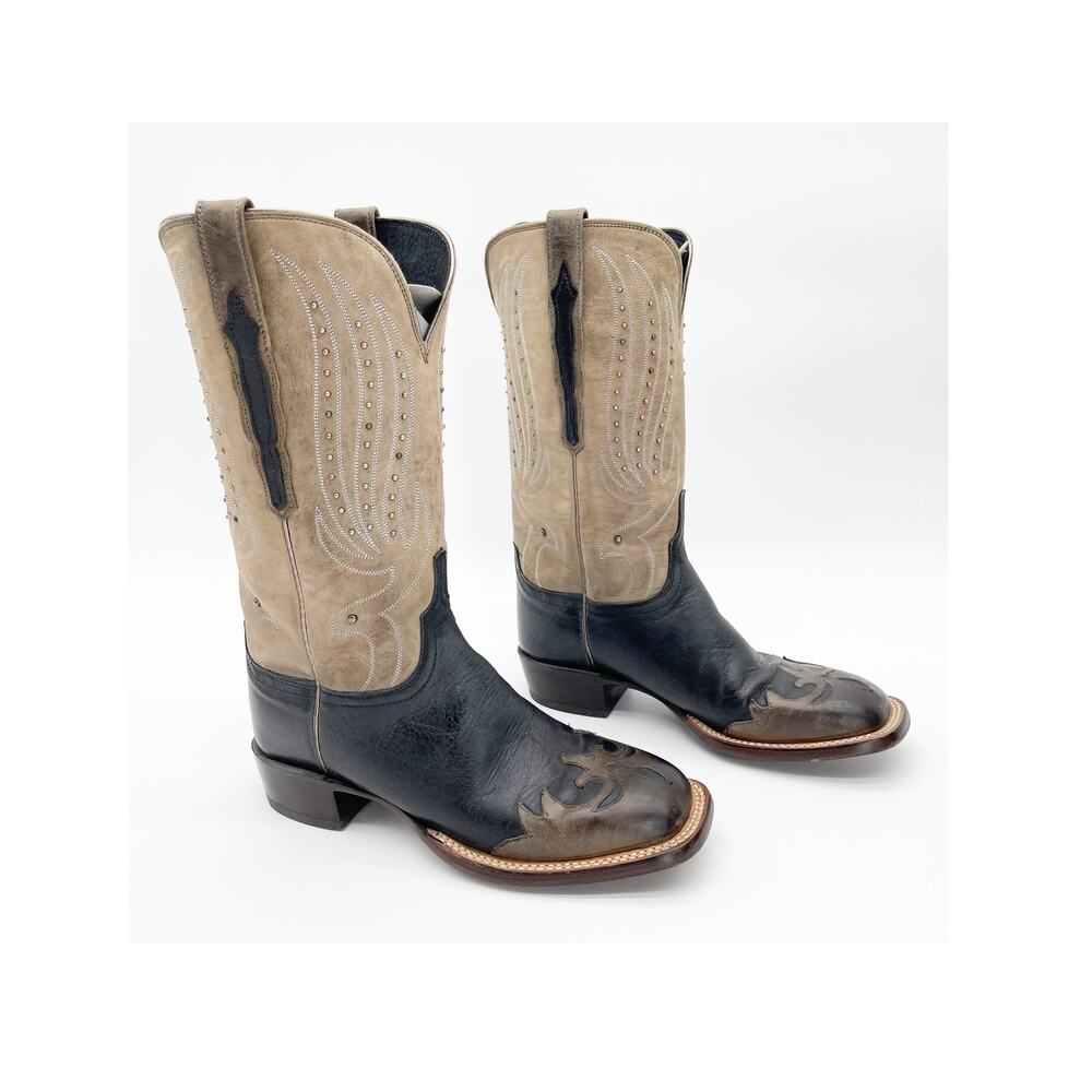 Lucchese Women’s 9C Taupe Black Wingtip Studded Square Toe Western Cowgirl Boots